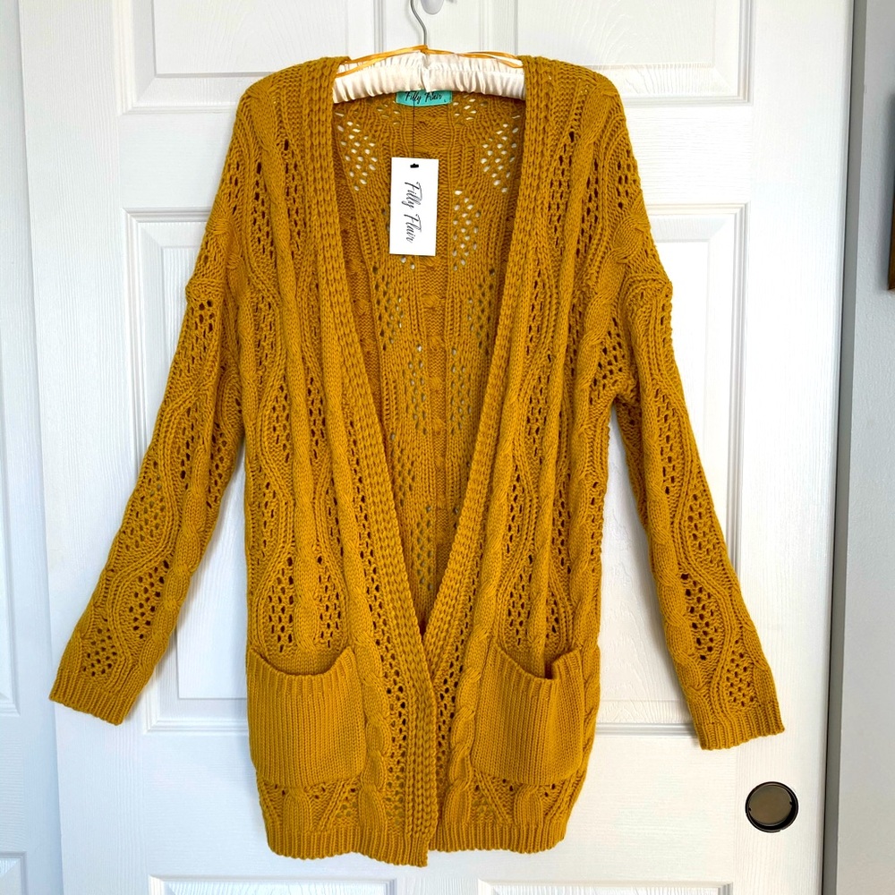 Filly Flair Mustard Yellow Cable Knit Cardigan NWT, Sz L
